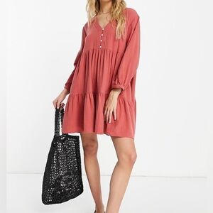 Madewell Half Button Front Tiered  Mini Dress Sz 4 Long Sleeve Rust Red Boho